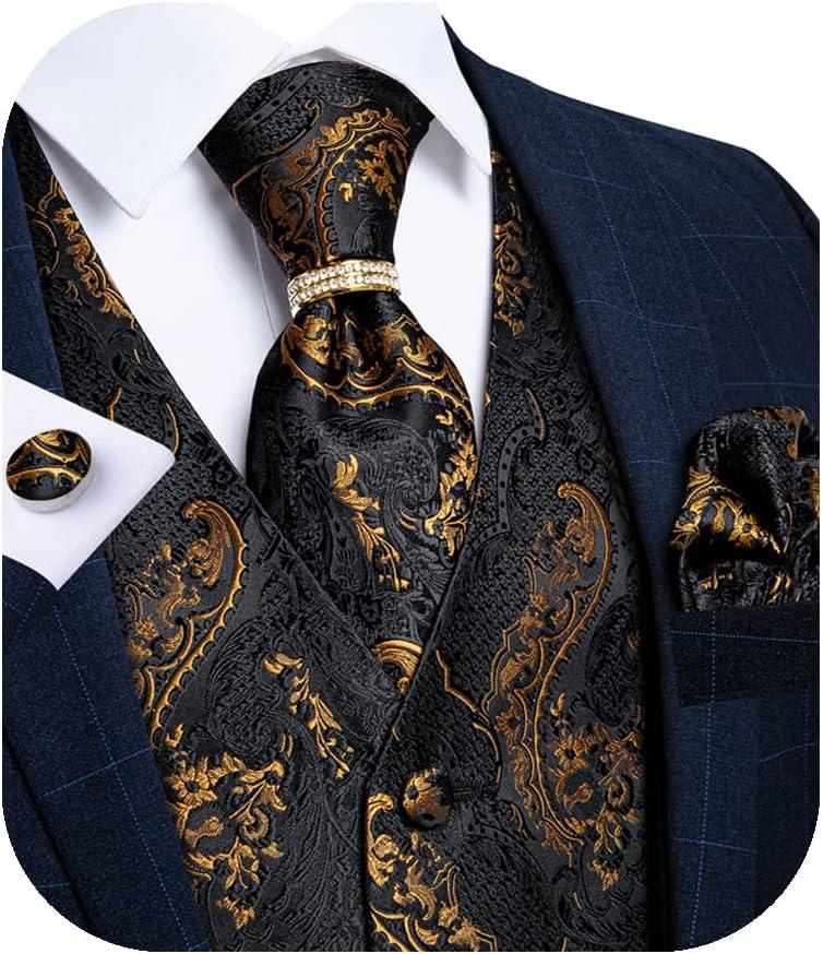 DiBanGu Men's Suit Vest Formal Men Paisley Vest Jacquard Tie Waistcoat Hanky Set With Tie Ring Wedding Party 5PCS (09 Black Gold) M
