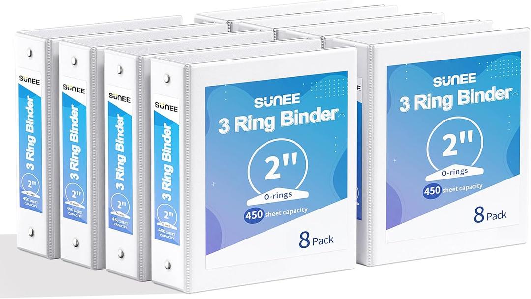 SUNEE 3 Ring Binder 2 Inch 8 Pack, Clear View Binder Three Ring PVC-Free (Fit 8.5x11 Inches) for School or Office Supplies, White