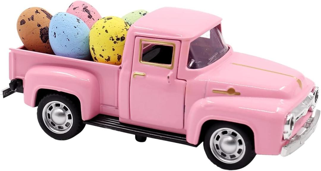 Easter Farm Pickup Truck Decor with Eggs, Mini Vintage Metal Diecast Farmhouse Pickup Happy Spring Farm Tiered Tray Decorations for Home Kitchen Table