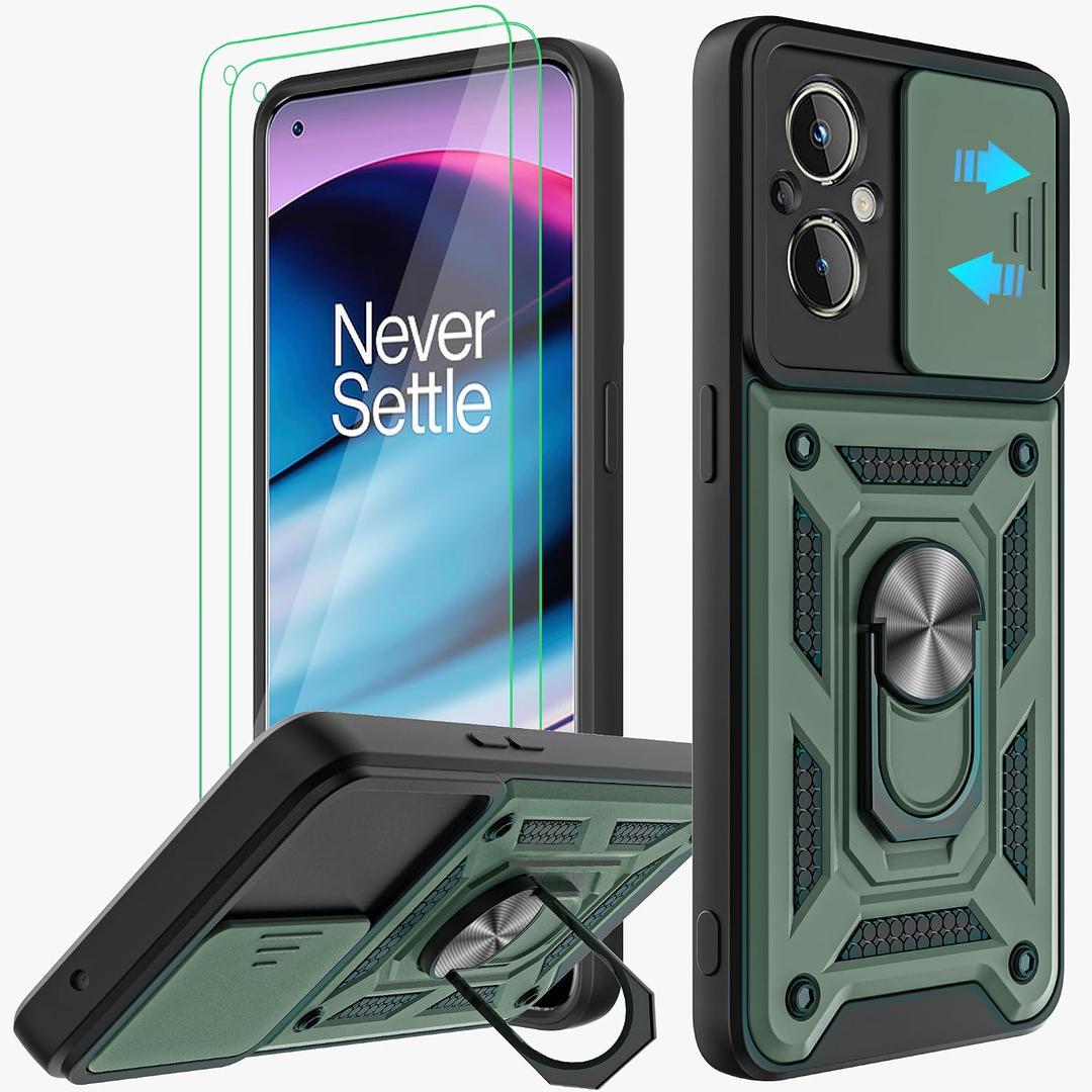for OnePlus Nord N20 5G Case with Slide Camera Cover and 2pcs HD Screen Protector, 360° Rotation Ring Kickstand [Military Grade] Case for OnePlus Nord N20 5G -Green