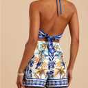 SweatyRocks Women's Tie Backless Tropical Print Halter Top and Shorts 2 Piece Vacation Outfits Blue Medium