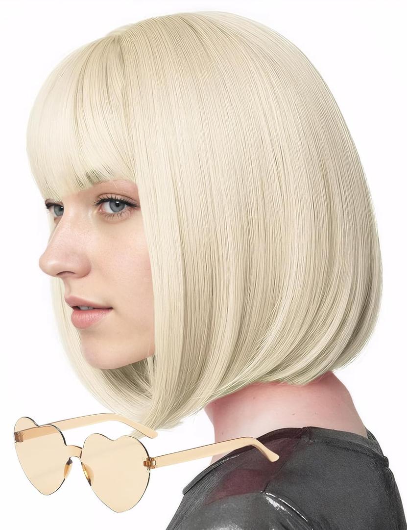 Wig and Sunglasses 12 Inch Short Bob Wigs with Bangs for Women Costume Cosplay Party (Blonde)