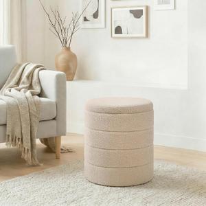 14.5" Round Storage Ottoman,Boucle Sherpa Ottoman with Tray, Faux Teddy Foot Rest Coffee Table for Bedroom Dorm Living Room,Beige, 14.5"D x 14.5"W x 17.7"H