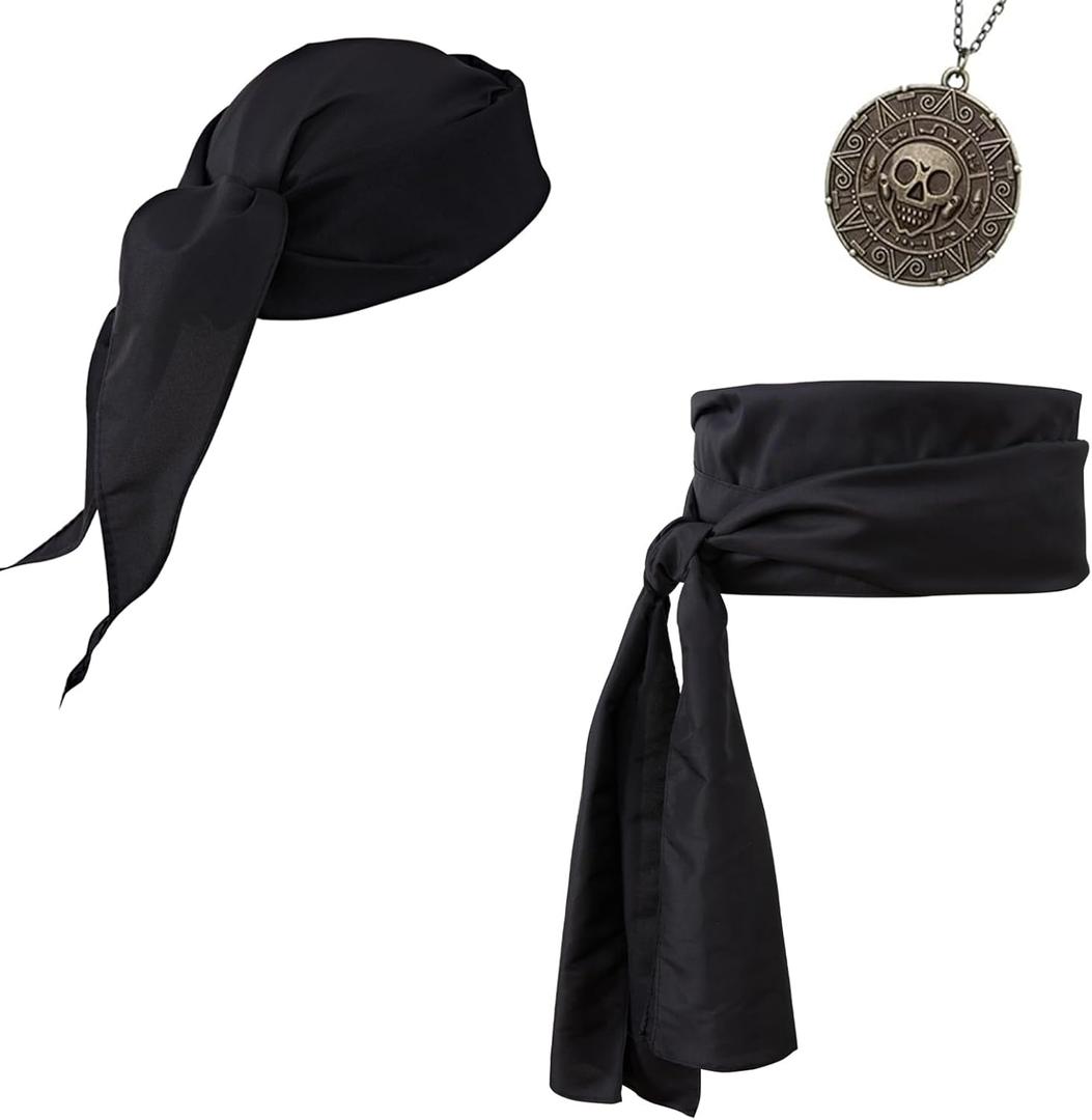 Pirate Costume Accessories Women Men Pirate Bandana Headband Head Scarf Pirate Sash Belt and Pirate Jewelry 3pcs (Black)