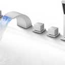 SKOWLL Waterfall Bathtub Faucet Deck Mount Tub Filler with Sprayer Polished Chrome 5-Hole Set with LED Spout and Handheld Shower