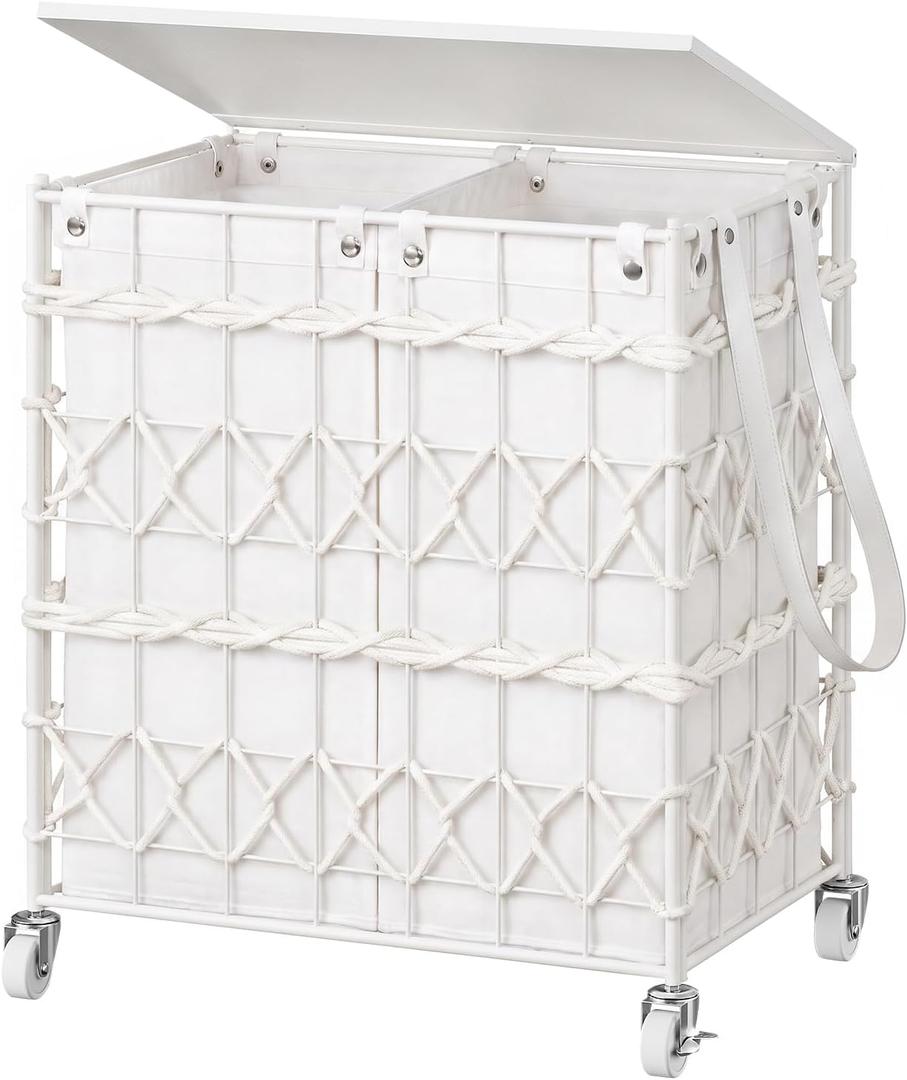Double Laundry Hamper with Wheels and Lid, 120L Handwoven Laundry Basket