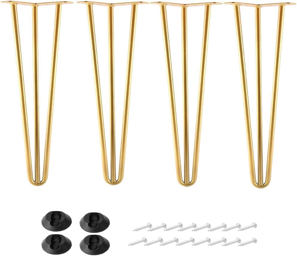 12 Inch Hairpin Legs Metal - 1/2 Dia 3 Rods Design - Mid Century Furniture Table Legs, DIY Furniture Hairpin Feet Gold for Nightstand, Coffee Table and TV Stand, Set of 4