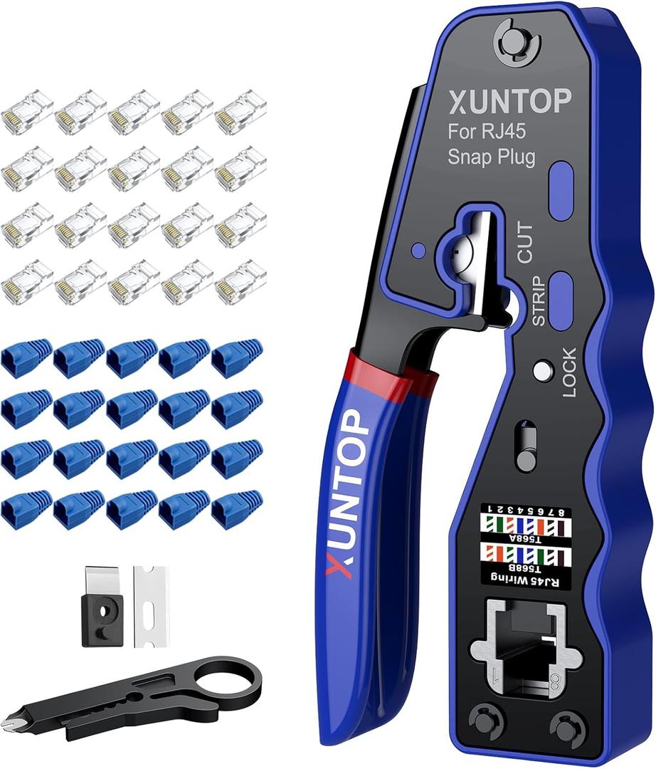 RJ45 Crimp Tool Kit for Cat5 Cat5e Cat6 Cat6a Ethernet Crimping Tool Kit for RJ45 Pass Through Connector with 20 PCS Cat6 Pass Through Crystal Heads 20 PCS Blue Protection Covers