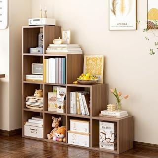 OSCHF Ladder Cube Storage Bookcase, 10-Cube Corner Shelf, Walnut