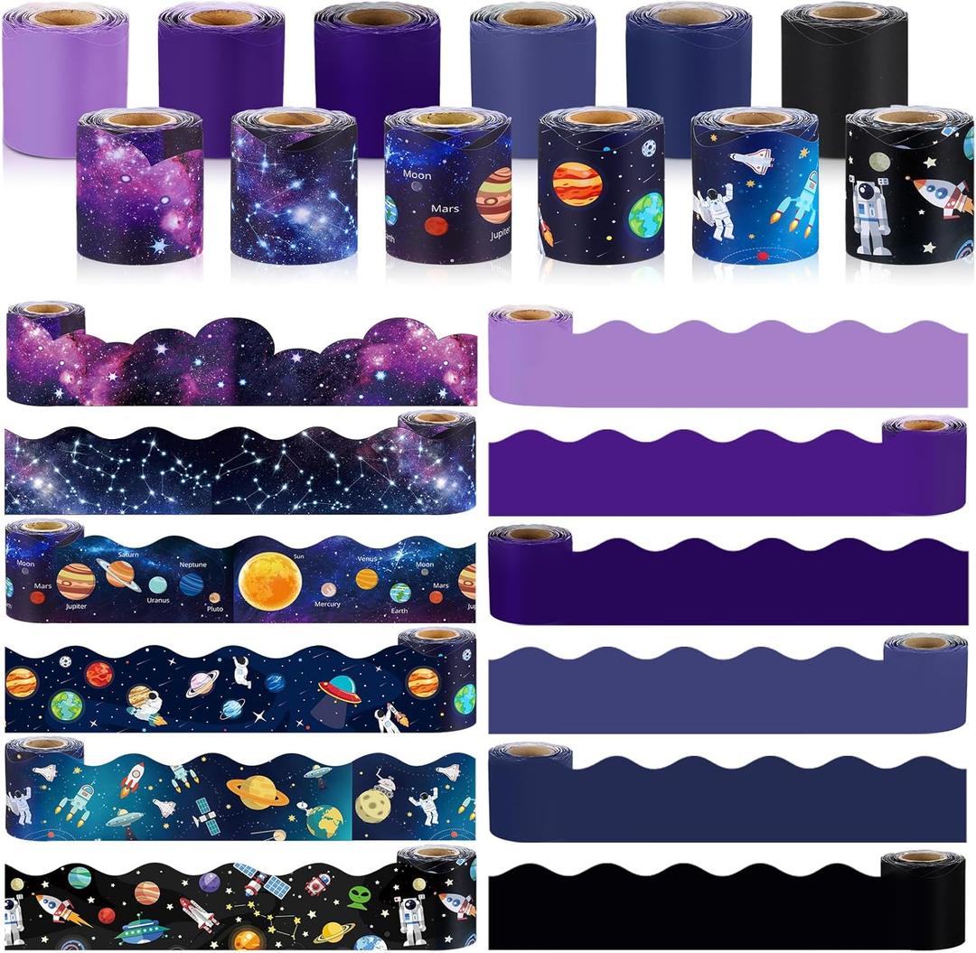 Qilery 12 Rolls 394 ft Border for Bulletin Board Classroom Decoration, Space Planet Combination Scalloped Bulletin Board Border for School Classroom Office Chalkboard Whiteboard Poster Decor