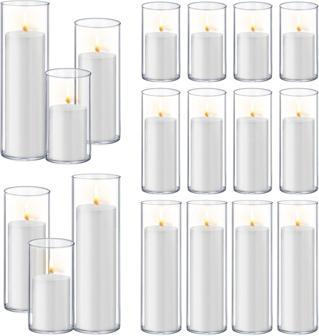 Homjoy 36 PCS White Pillar Candles with Glass Candle Holders Clear Hurricane Candle Holders Glass Cylinder Vases for Centerpieces Wedding Party, Event, Home Office (18 Candles+18 Candle Hoders)