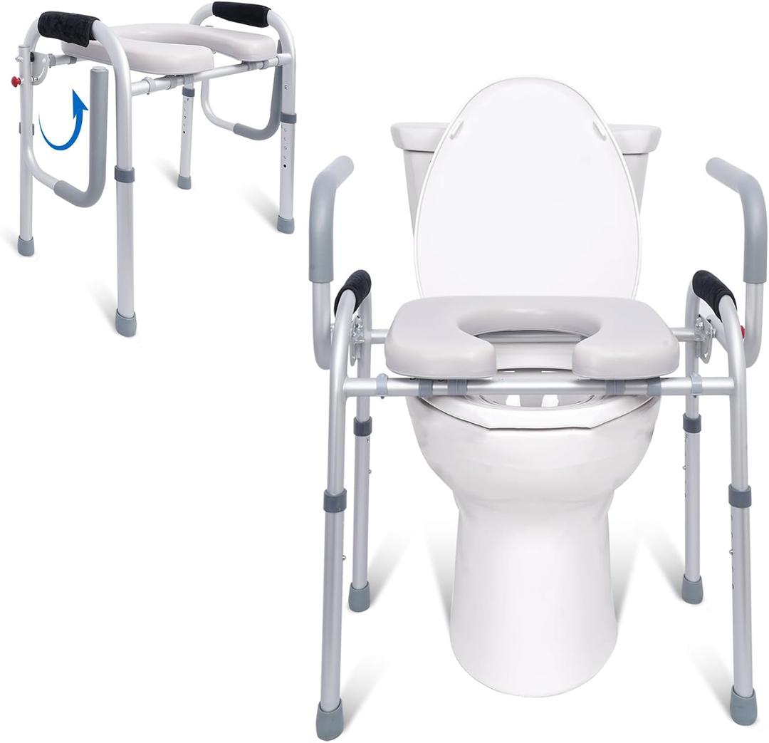 Raised Toilet Seat with Folding Armrest, Height Adjustable/Folding Armrest Design 400 lb Premium Toilet Seat Raised Toilet Seat for Elderly, Disabled, Pregnant Women-Gray