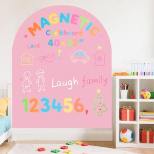 Magnetic Wall Decal for Kids 40x32 Inch Self Adhesive Magnet Arch Chalkboard for Wall Pink Chalkboard Contact Paper Peel and Stick with Letters and 12 Color Liquid Chalk for School Playroom