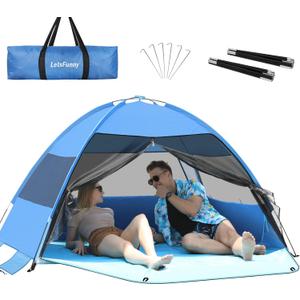 Large Easy Setup Beach Tent,Anti-UV Beach Shade Beach Canopy Tent Sun Shade with Extended Floor & 3 Mesh Roll Up Windows Fits 3-4 Person,Portable Shade Tent for Outdoor Camping Fishing (Blue)