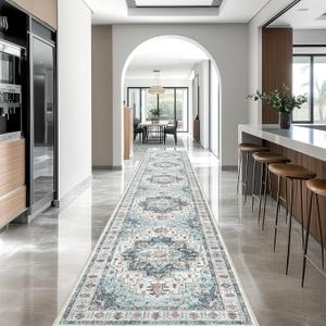 Madane Hallway Runner Rug 2'6''x16' Kitchen Runner - Non Slip Vintage Runners for Hallways Washable Kitchen Rugs Soft Low Pile 2.5x16 ft Rug Runner for Laundry Room, Entryway and Bedroom, Blue