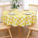 misaya Round Waterproof Vinyl Table Cloth, Buffalo Flannel Backed Tablecloth, Wipeable Plastic Table Cover for Dinner, Kitchen, Picnic (60", Yellow and White)