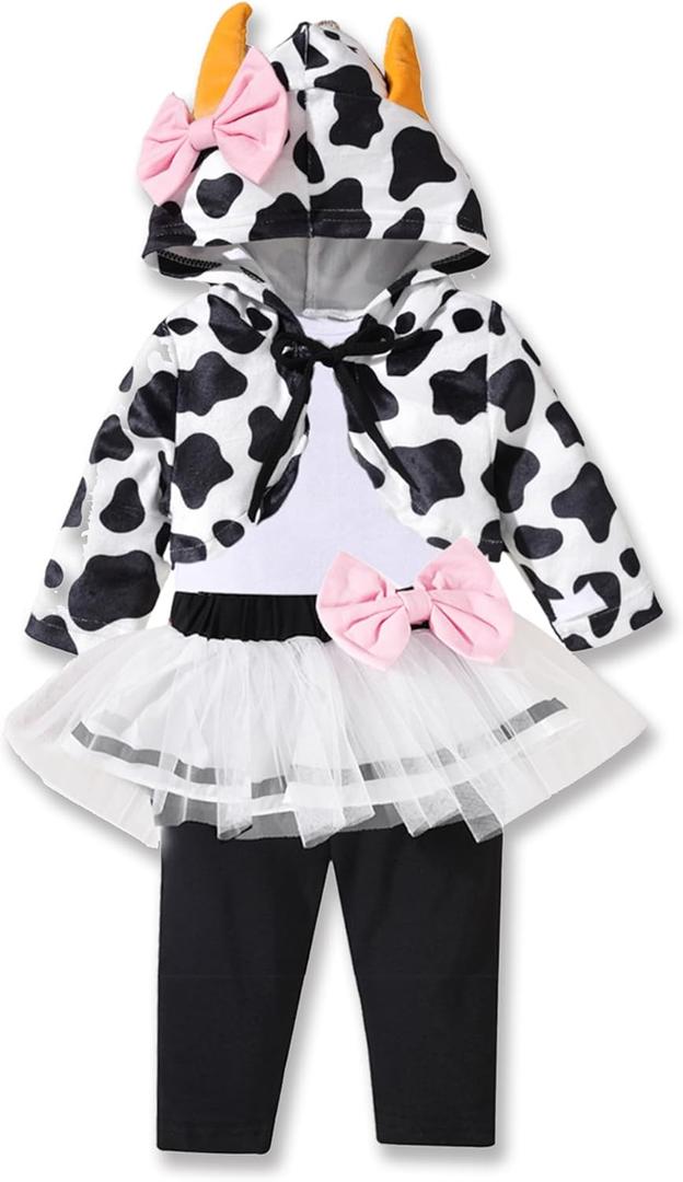 fioukiay Baby Girl Halloween Animal Outfits Infant Long Sleeve Romper Tutu Pant With Hooded Coat 3PC Clothes Set (6-12 Months, White Cow)