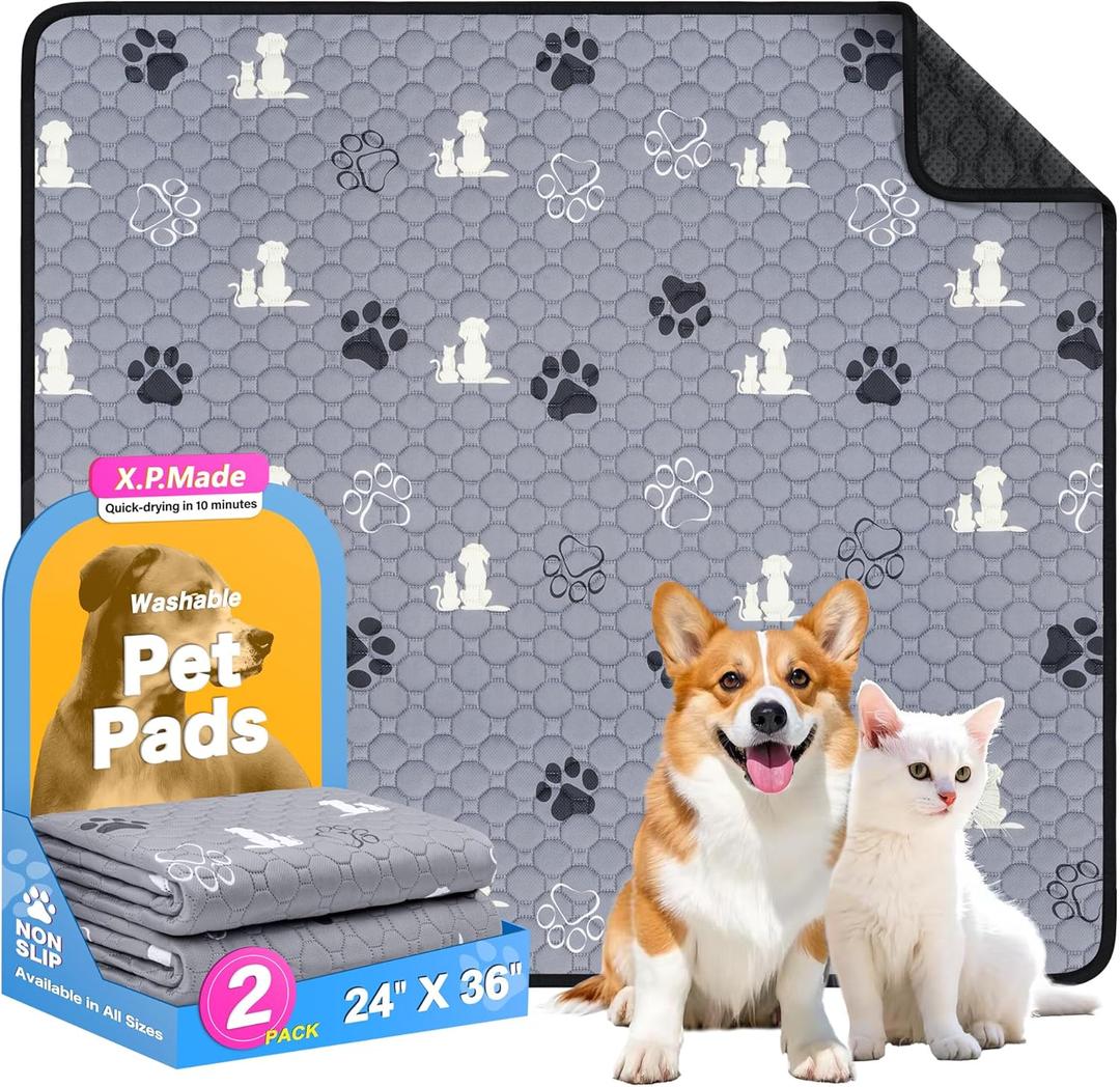 Washable Pee Pads for Dogs, 2 Pack Reusable Puppy Pads, Waterproof Pet Pee Pads for Dog Potty Training, Extra Large Dog Pee Pads for Crate, Playpen, and Whelping, Durable and Absorbent, Grey 24"x36" (Gray)