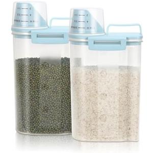 TBMax Rice Storage Container 2 Pack, Plastic Kitchen Pantry Food Storage Container with Cup, Small Pet Dog Cat Food Container Dispenser - Sky Blue