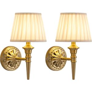 KDG Cordless Wall Sconces Set of 2, Small Wireless 5200mAh Rechargeable Battery Fabric LED Wall Lamps, Portables Lightings for Wall Painting, Living Room, Bedroom, Hallway, Gifts, Night Light (Gold)