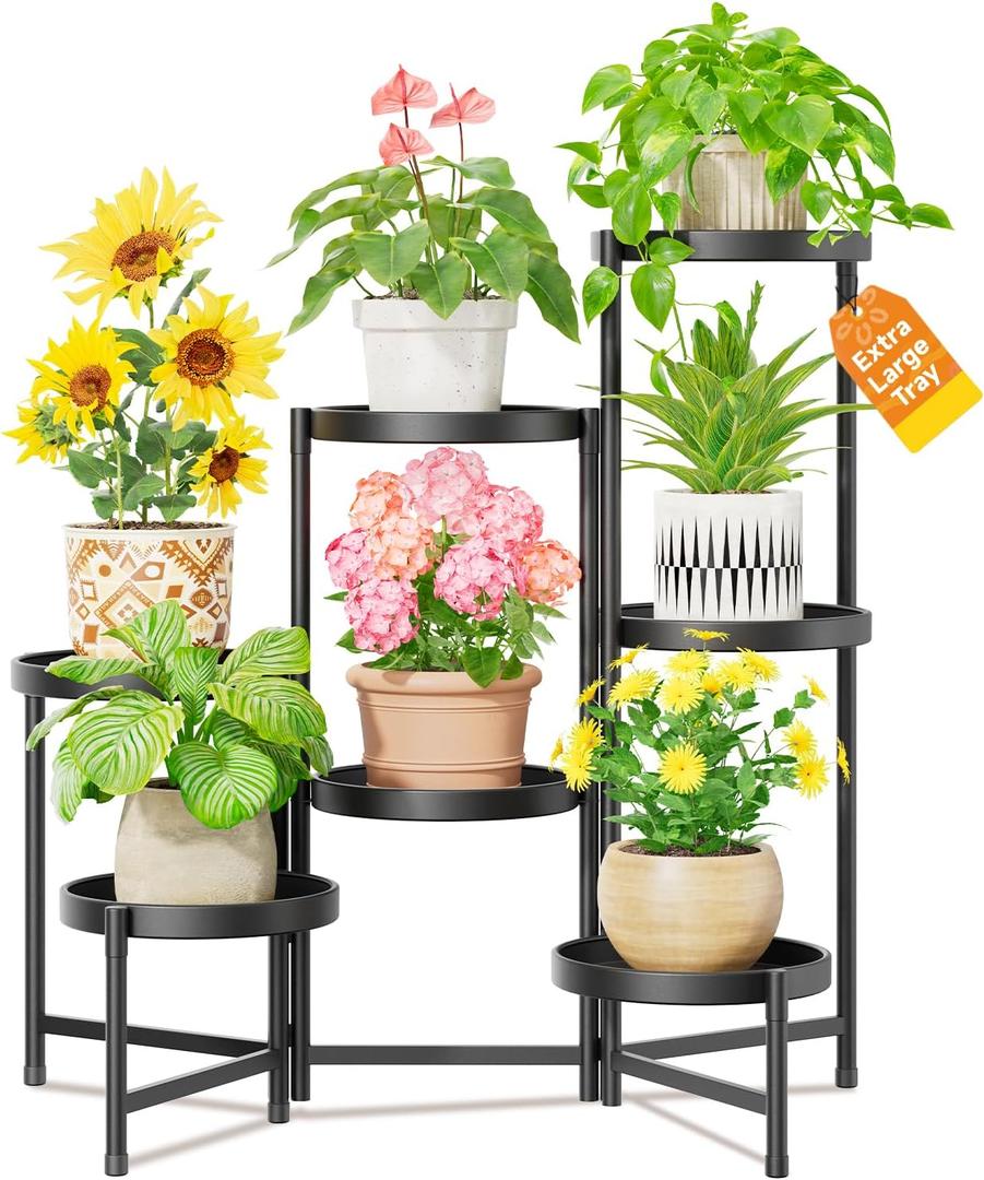 LASZOLA 7 Tier Large Plant Stand Indoor Tall with 10 Inch Metal Tray, Corner Folding Flower Display Rack, Modern Plant Holder Shelf for Outdoor Patio Porch Garden Office Living Room, Black