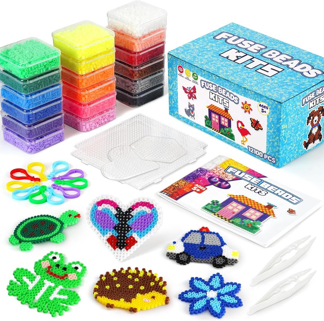 FUNZBO 12000 5mm Fuse Beads Kit - 18 Colors Individual Pack, Christmas Homeschool Arts and Crafts Supplies for Kids, Toys Set, Art Decorations for Room, Toys Gifts for Girls and Boys Age 5+ (12100 pcs)