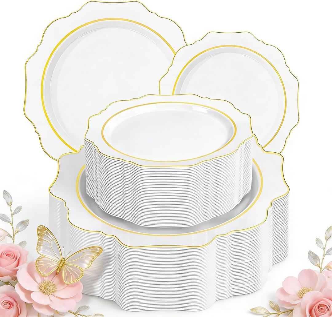 WDF 100PCS White and Gold Plastic Plates - Gold Disposable Plates - Include 50 Dinner & 50 Dessert Plate for Party - Heavy Duty Fancy Plastic Plate for Wedding/Bridal shower/Mother's Day