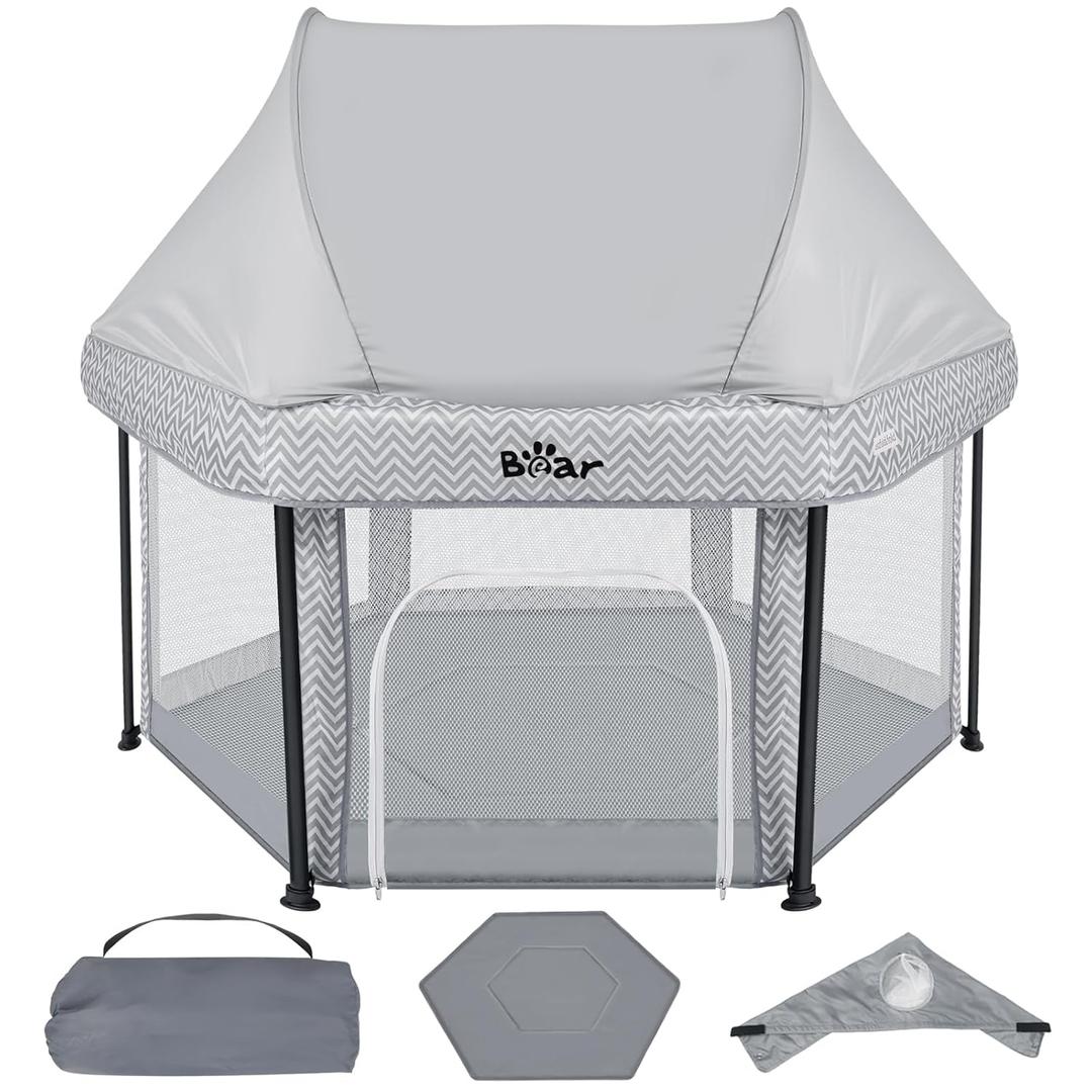Bear Baby Playpen, Outdoor Play Yard Foldable Playpen with Canopy Mat for Babies Toddlers, Portable Indoor Kids Activity Fence Pack and Play