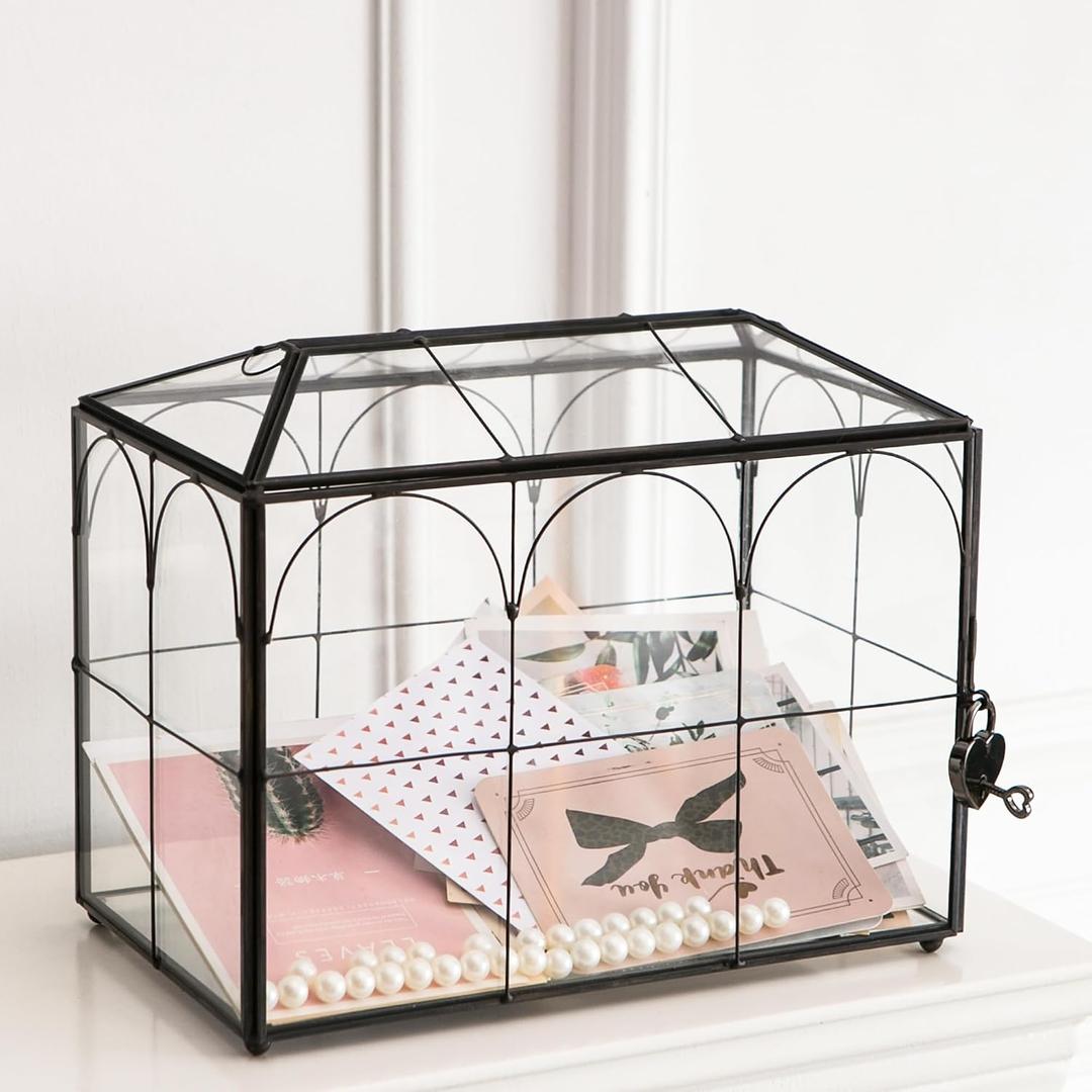 Wedding Card Box with Slot, 10.2'' Large Glass Card Boxes for Reception, Black Geometric Holder, Clear Decorative Storage Box with Lock for Baby Shower, Birthday Party, Christmas, Bridal Shower