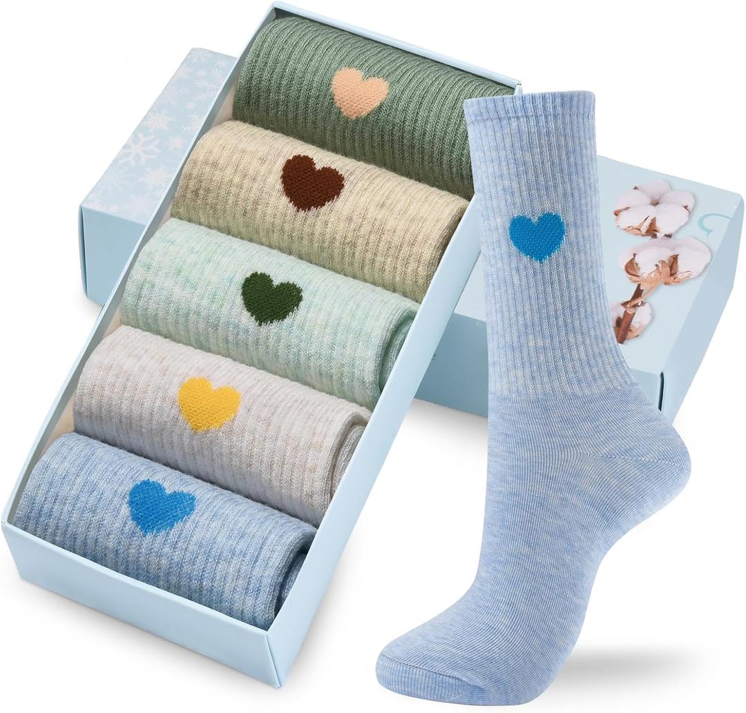 Corlap Women's Cotton Crew Calf Socks - 5 Pairs Ankle High Dress Casual Socks, Fun Cute Heart Gifts for Mom Mother