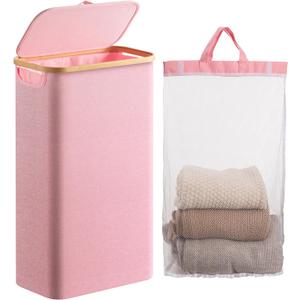 Famyards Laundry Hamper with Lid, 60L Slim Laundry Basket with Bamboo Handles and Removable Inner Bag, Collapsible Dirty Clothes Hamper Laundry Bin for Bathroom, Bedroom, Dorm Laundry Room (Pink)