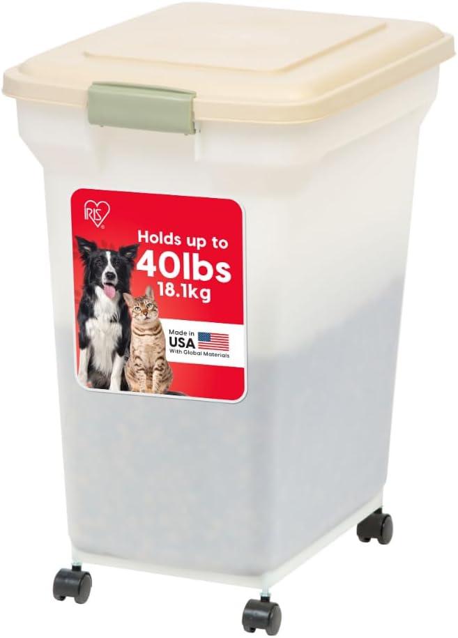 IRIS USA Airtight Dog Food Storage Container, WeatherPro, Up to 40 lbs, Removable Wheels, for Dog Cat Bird and Other Pet Food Storage Bin, Keep Fresh, Translucent Body, Made in USA, Almond/Pearl