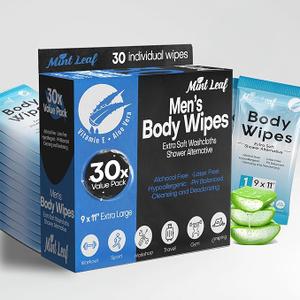 XL Deodorizing Body Wipes | Men's Extra Soft Washcloths Shower Alternative | Great for Workout Travel Gym Camping | 30 Individually Wrapped Shower Wipes | with Vitamin E Aloe Scent