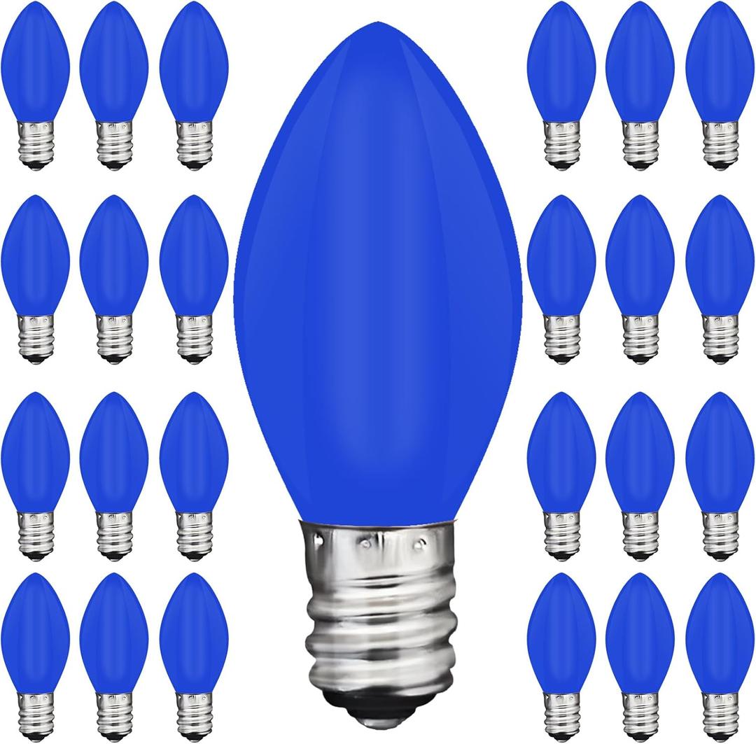 25 Pack C7 Led Blue Replacement Light Bulbs, Blue Christmas Outdoor String Lights Bulbs, Shatterproof Led Night Light Bulbs, E12 Candelabra Base, 0.6W Energy-Efficient LED Bulbs