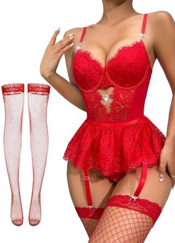 Lilosy Sexy Stocking Heart Rhinestones Underwire Babydoll Lace Mesh Garter S