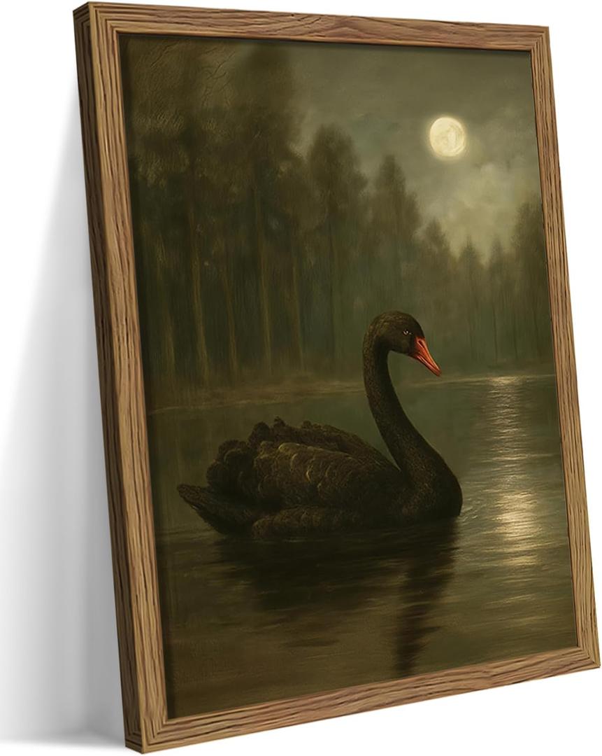 Wood Framed Black Swan Wall Art, Vintage Antique Swan Animal Canvas Wall Decor Paintings, Dark Moody Gothic Rustic Farmhouse Posters Prints Pictures for Living Room Bedroom 16x24 Inch