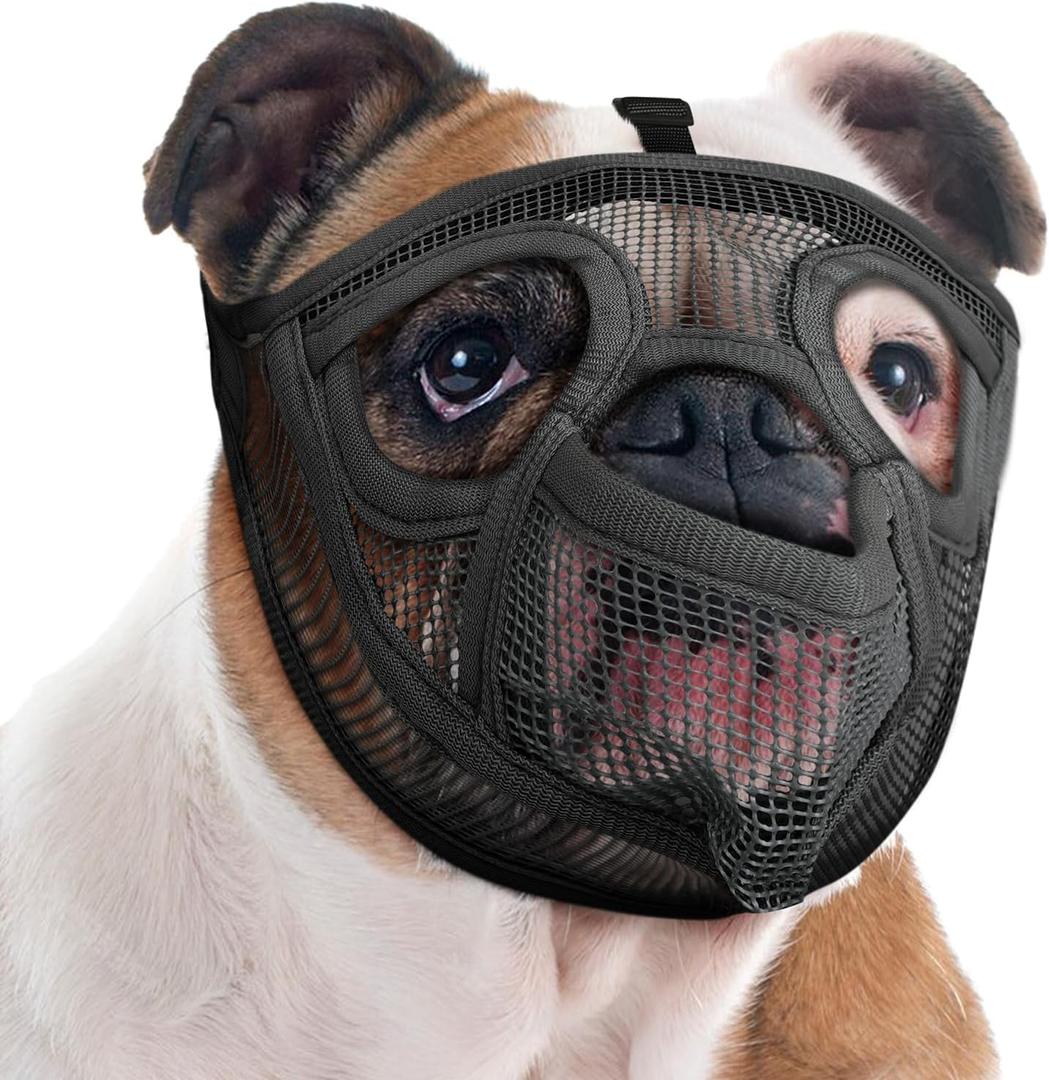 Mayerzon Soft Mesh Short Snout Dog Muzzle：Grooming & Walking Use for French Bulldog, Pug, Shih Tzu, English Bulldog, Allows Drinking & Feeding, Prevents Biting & Eating, M