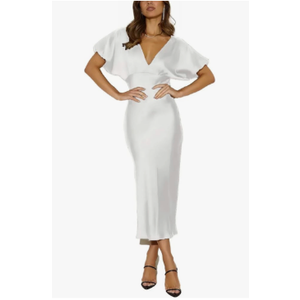 Satin V Neck Puffy Sleeves Silk Midi Dresses Empire Waist Elegant Tie Back Formal Cocktail Dress for Women Wedding Guest, Medium