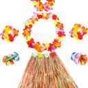 Gejoy 7 Pcs Hawaiian Luau Hula Grass Skirt with Flower Costume Set Flower Bracelet Headband Necklace Hibiscus Hair Clip Women (Red Yellow Green)