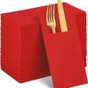 60 Pcs Red Linen-Feel Paper Napkins with Built-in Flatware Pocket, Mother's Day Pocket Linen Napkin Prefolded Cloth Like Paper Napkin Bulk for Anniversay Silverware Birthday Bathroom Wedding Party