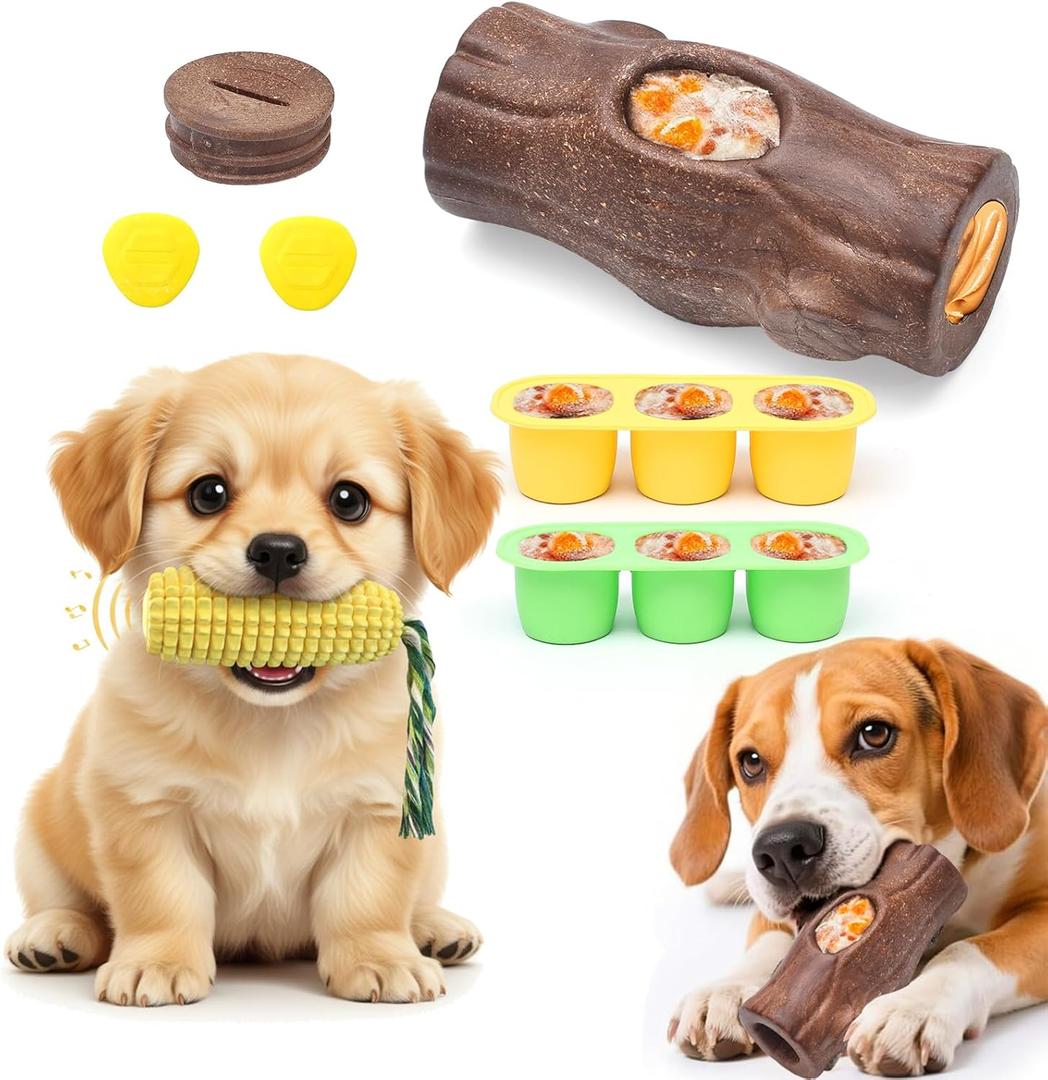Corn Shape Dog Chew Toy for Small to Medium Dogs  Puppy Teething Toys with Squeaker; Tree Stump Chew Toy for Medium to Large Dogs  Design with Frozen Treat Molds & Peanut Butter Grooves (Yellow Brown)