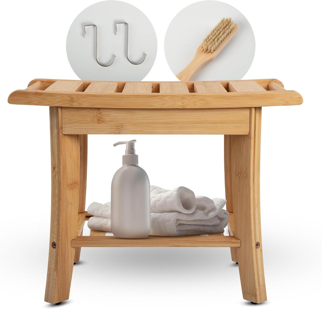 Bamboo Shower Stool Bench Waterproof with Storage Shelf, Includes 2 metal hanging hooks, 1 foot brush. Perfect for Shaving Legs or Spa Bath Seat in Bathroom & Inside Shower for Adults Seniors