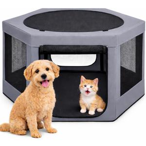 Pet Playpen With Top - Perfect for Puppies & Small Dogs - Indoor and Outdoor Puppy & Dog Covered Play Pen - Features 2 Doors for Easy In And Out Access