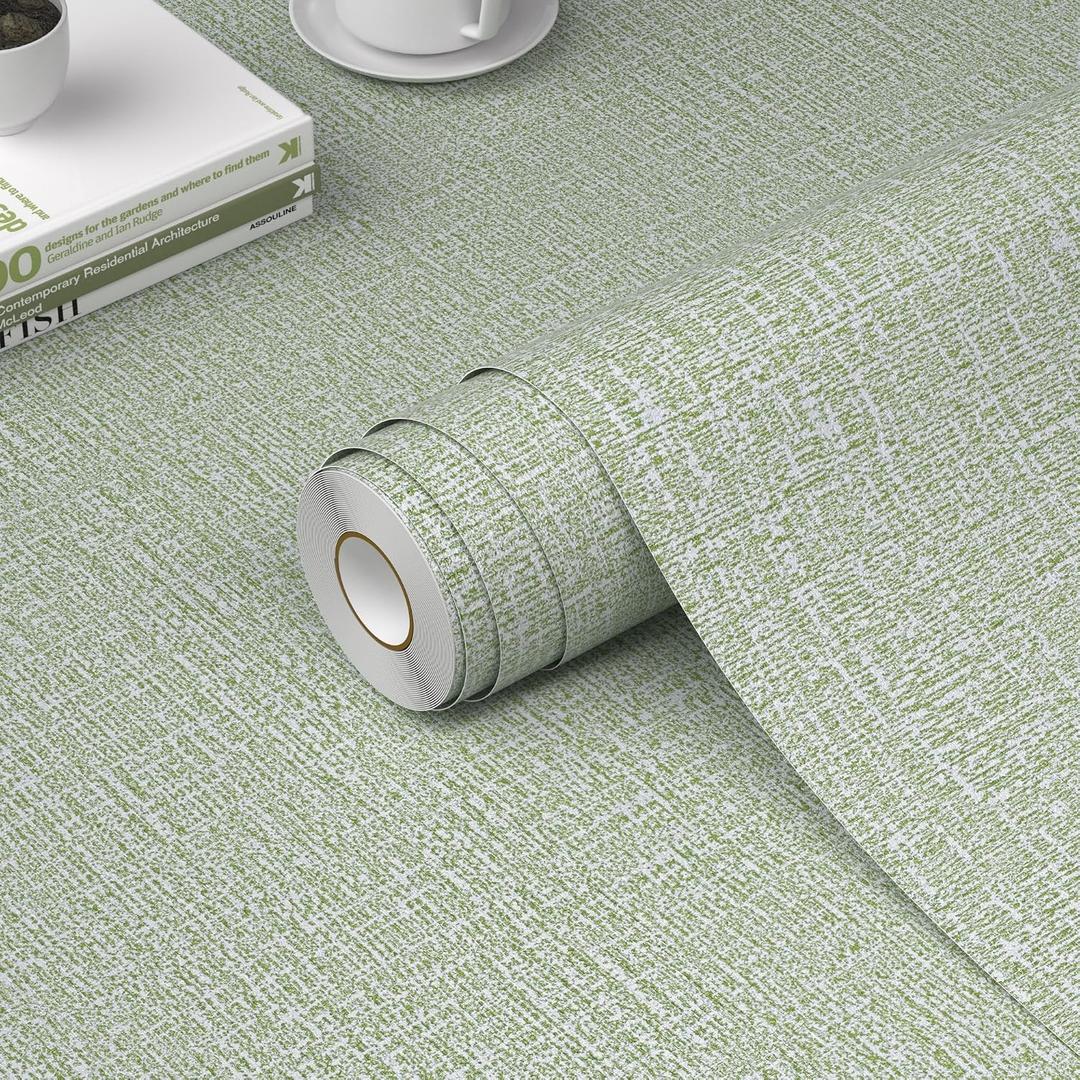 WADILE Grasscloth Peel and Stick Wallpaper 23.6in x 118in, Textured Contact Paper for Cabinets, Faux Linen Wall Paper Pull and Stick, Fabric Vinyl Wallpaper Self Adhesive Light Green