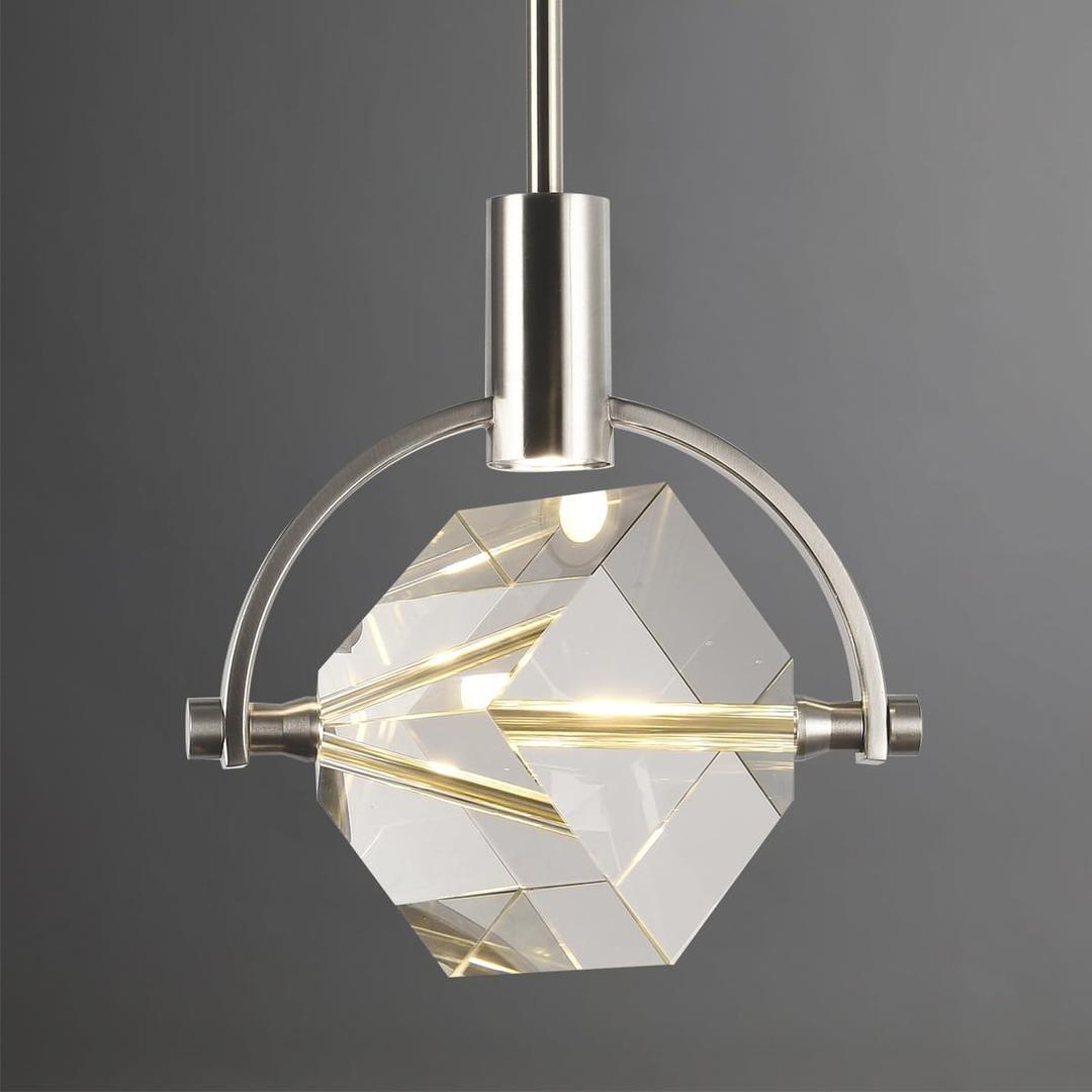 Modern Crystal Pendant Lighting, Brushed Nickel Kitchen Island Pendant Hanging Light Fixture, Cube Crystal Single Light Fixture Dimmable Chandelier for Dining Room, Vanity, Bathroom