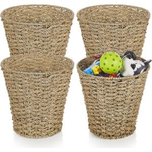Hushee 4 Pcs Seagrass Waste Basket 3 Gallons Wicker Waste Basket Woven Rattan Trash Can Boho Wicker Garbage Can for Bathroom Bedroom Kitchen Offices Home, Brown