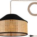 Plug in Pendant Light Rattan Hanging Lamp with On/Off Switch 15 Ft Hemp Rope Black Fabric+Handwoven Rattan Lampshade,12Hanging Light Fixture for Bedroom, Kitchen, Living Room