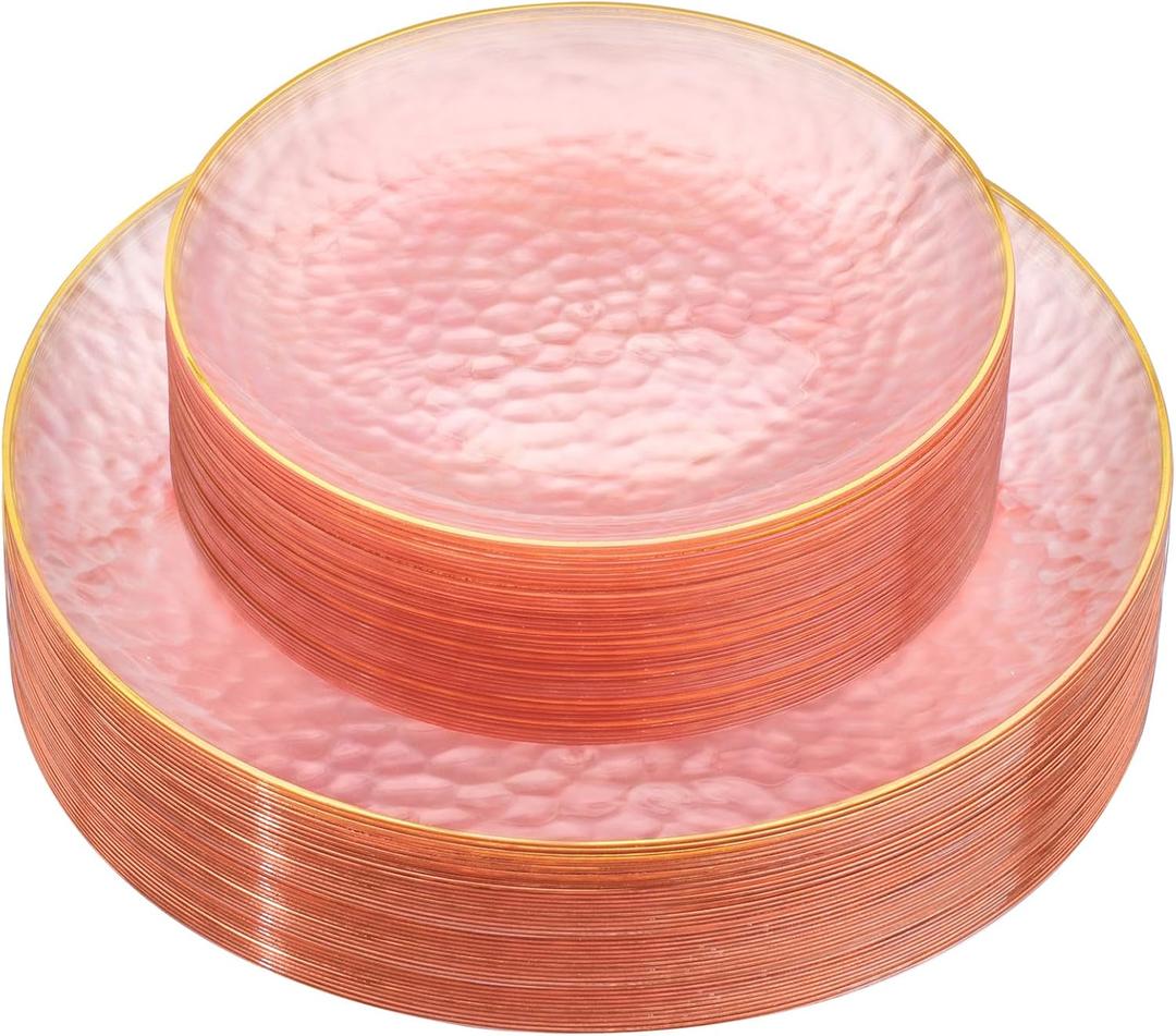 Rubtlamp 60Pcs Pink Plastic Plates,Clear Pink Plates With Gold Rim,Hammered Gold Plates Include 30Pink Plastic Dessert Platos, 30Gold Dinner Platos For Party