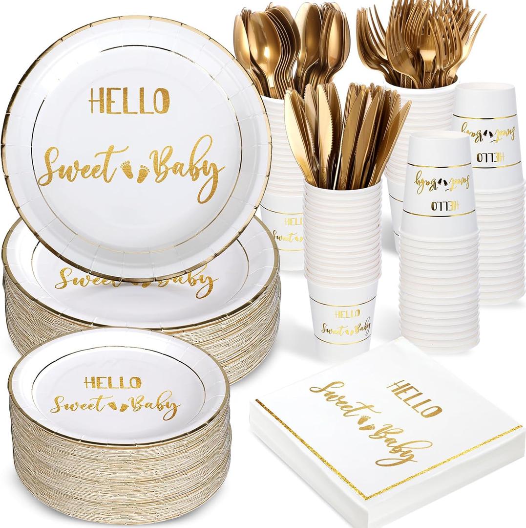 Yungyan 400 Pcs Baby Shower Dinnerware for 50 Guest Baby Shower Paper Plate Napkin Set Gender Reveal Plate Napkins Cup Footprint Disposable Knives Fork Spoon Gender Reveal(Gold,Sweet)