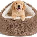 Calming Dog Beds & Cat Cave Bed with Hooded Cover,Removable Washable Round Beds for Small Medium Pets,AntiSlip Faux Fur Fluffy Coved Bed for Improved Sleep,Fits up to 15/25 lbs(Khaki,M)